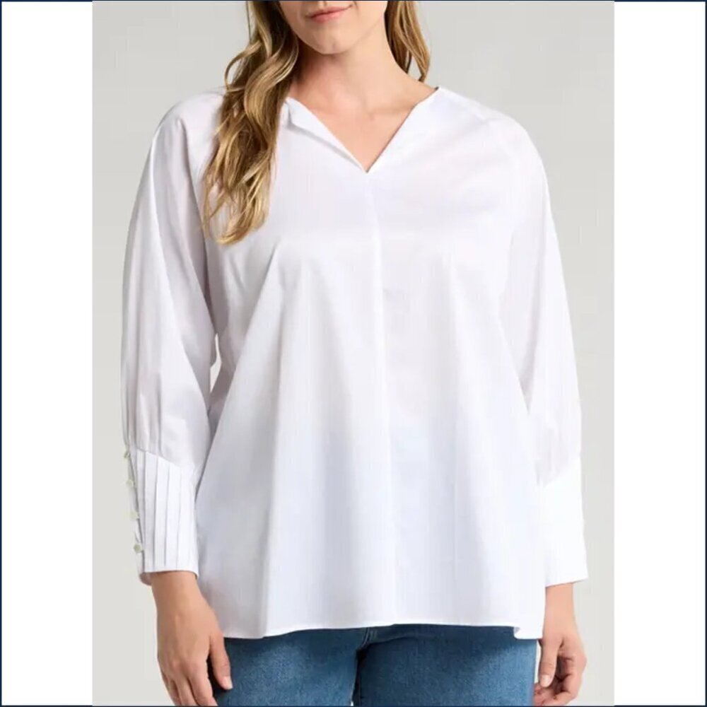 Harshman Cerys blouse top shirt white cotton long sleeve pleated cuff new 3X